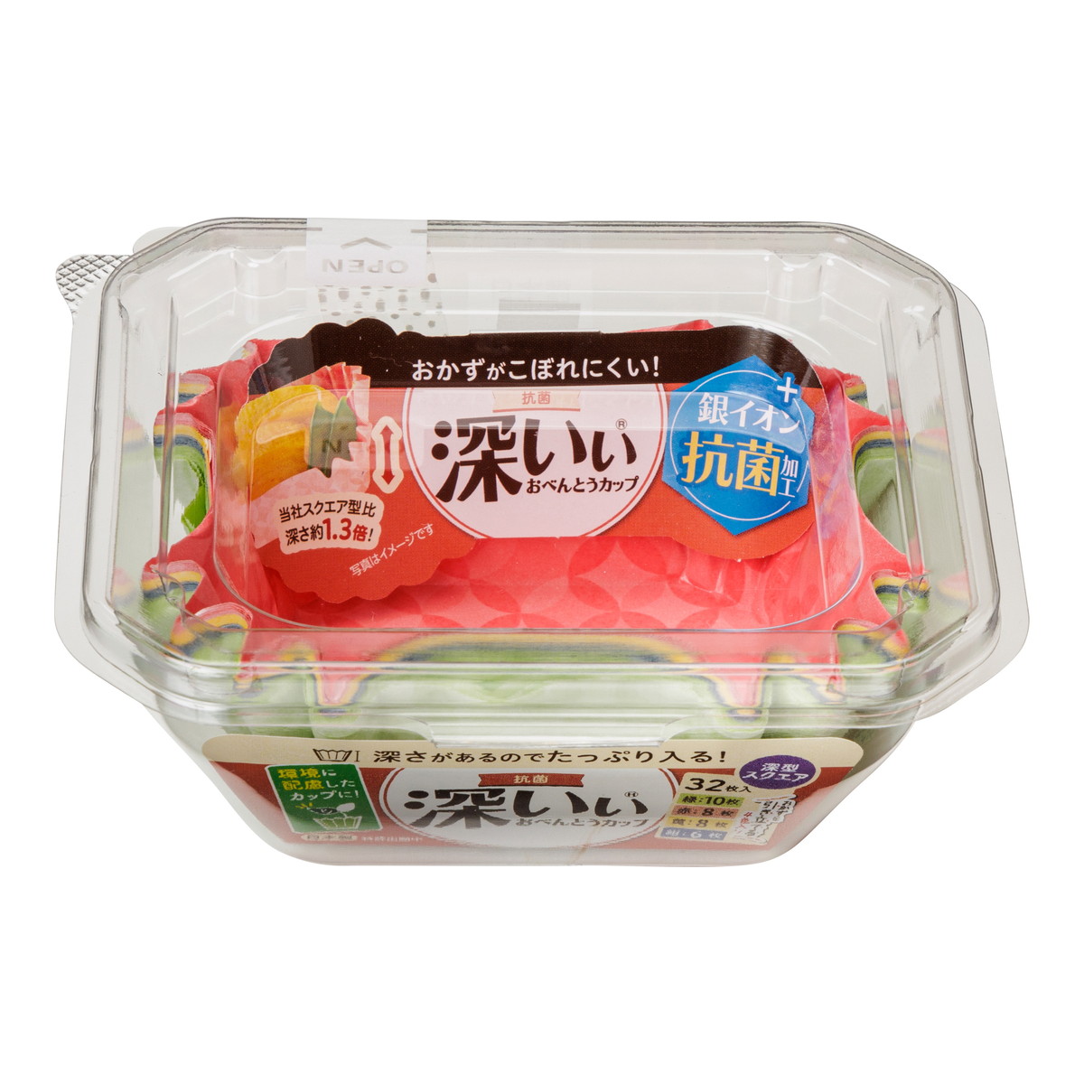【送料込・まとめ買い×150個セット】東洋アルミ 抗菌 深いぃ おべんとうカップ 深型スクエア 4色 32枚入