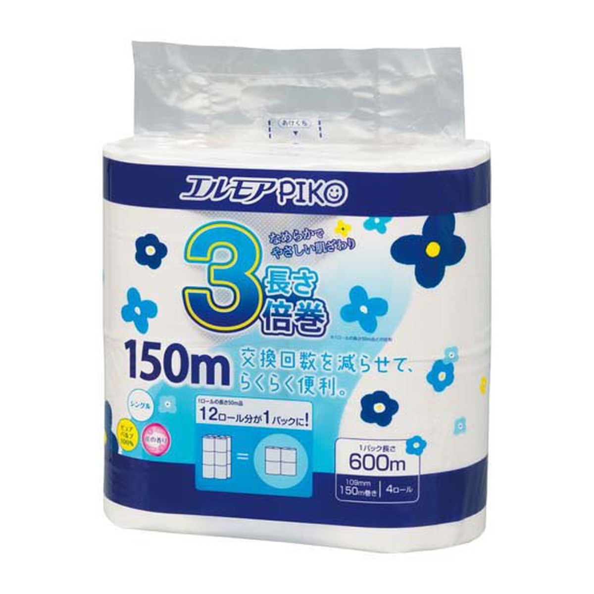 【送料込・まとめ買い×12個セット】カミ商事 エルモア ピコ 3倍巻 4ロール シングル 150M トイレットペーパー 6,598円