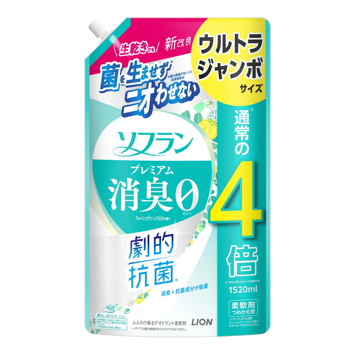 【送料込・まとめ買い×6個セット】ライオン ソフラン プレミアム消臭 フレッシュグリーンアロマの香り ウルトラジャンボ つめかえ用 1520mL 柔軟剤