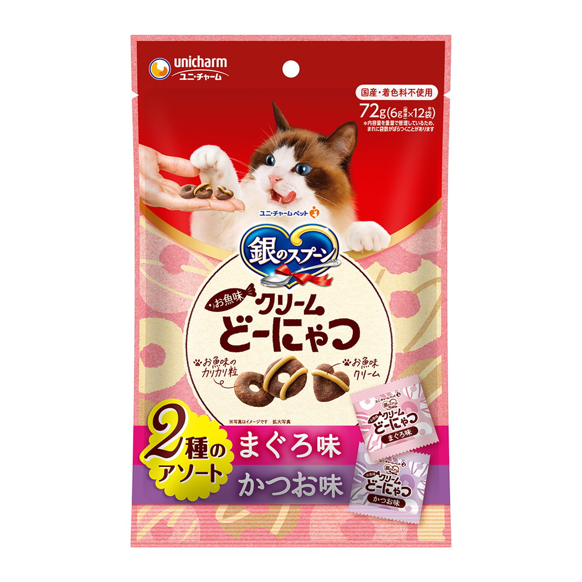 【送料込・まとめ買い×24個セット】ユニ・チャーム 銀のスプーン おやつ お魚味 クリームどーにゃつ 2種のアソート まぐろ & かつお味 6g×12袋入 猫用おやつ