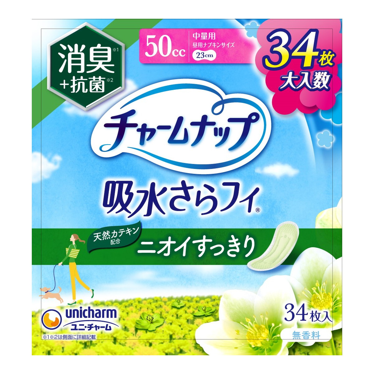 【送料込・まとめ買い×12個セット】ユニ・チャーム チャームナップ 吸水さらフィ ニオイすっきり 中量用 23cm 50cc 消臭タイプ 34枚