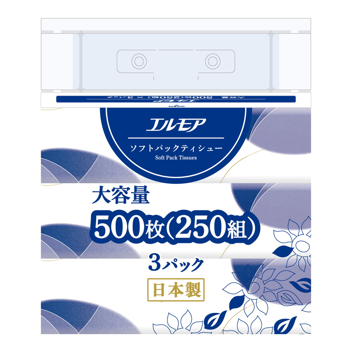 【送料込・まとめ買い&times;24個セット】エルモア ソフトパックティシュー 大容量 500枚(250組)&times;3パック カミ商事｜日用品＆生活雑貨の店「カットコ」