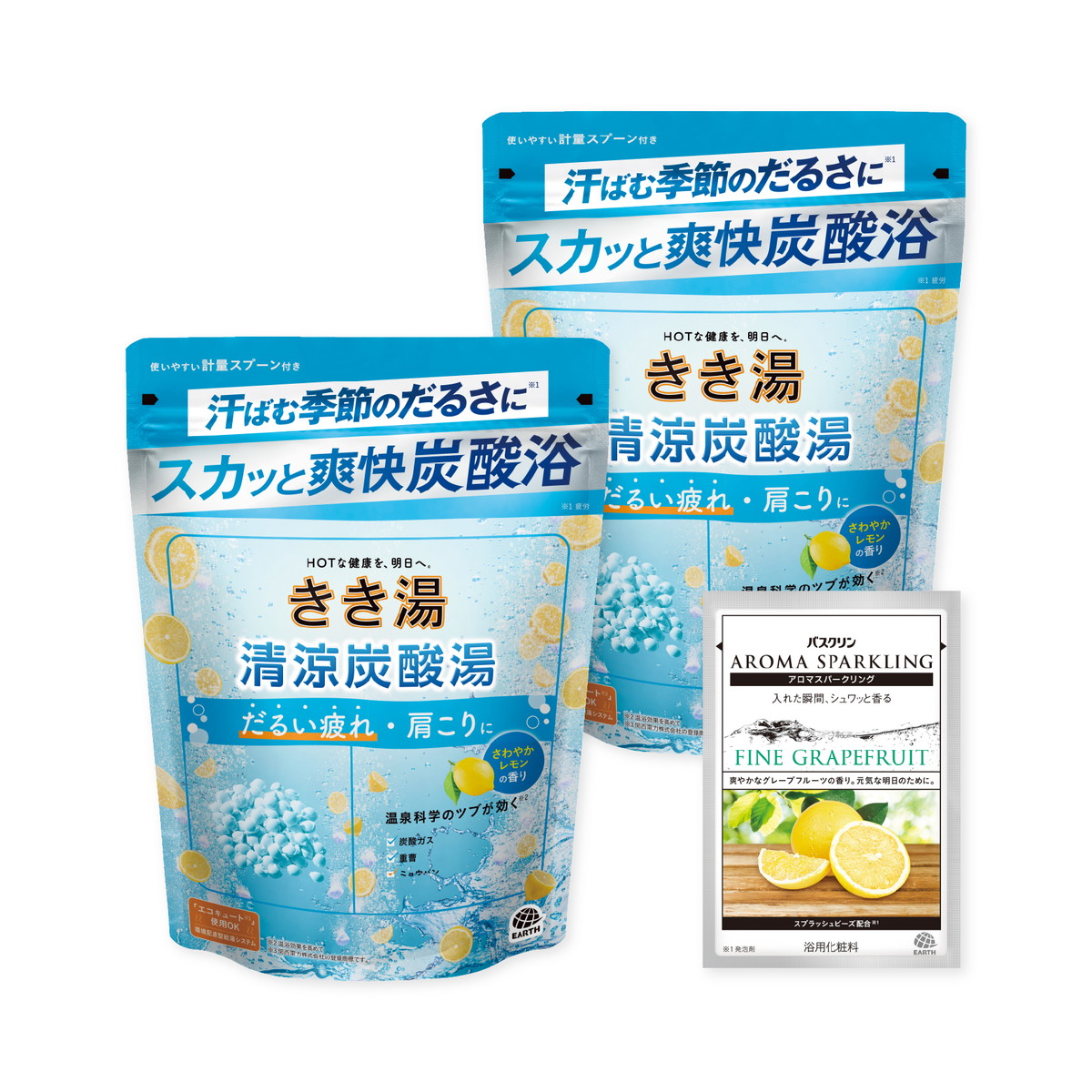 【送料込・まとめ買い&times;6個セット】きき湯 清涼炭酸湯 さわやかレモンの香り 360g&times;2個 30g分包付き 薬用入浴剤 アース製薬 ●分包は選べません｜日用品＆生活雑貨の店「カットコ」