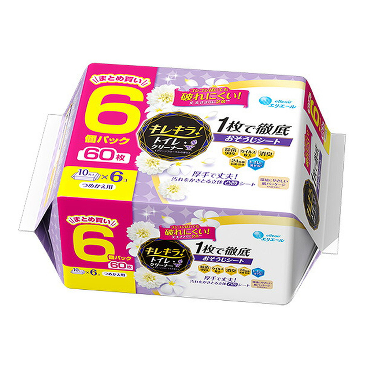 【送料込・まとめ買い×8個セット】大王製紙 エリエール キレキラ! トイレクリーナー 1枚で徹底おそうじシート クリーンフローラル つめかえ用 60枚(10枚×6P)