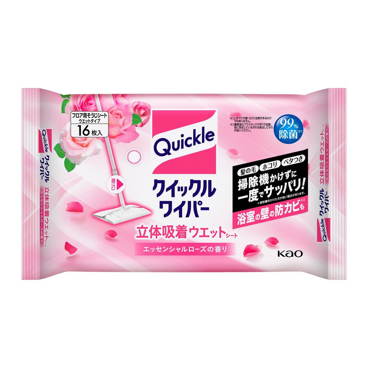 【送料込・まとめ買い×20個セット】花王 クイックルワイパー 立体吸着ウエット エッセンシャルローズの香り 16枚入