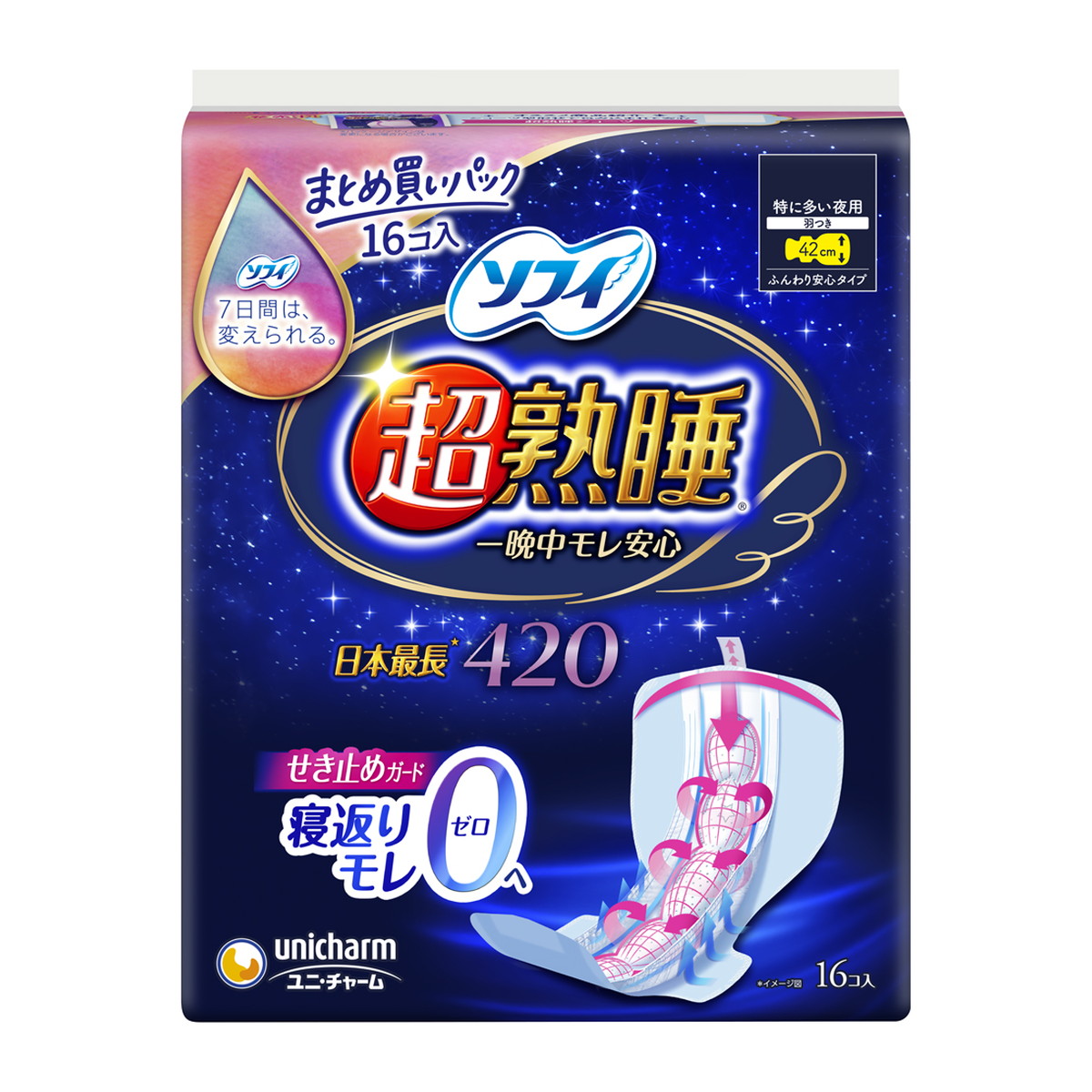 【送料込・まとめ買い&times;12個セット】ユニ・チャーム ソフィ 超熟睡ガード 420 ワイドG 特に多い夜用 16コ入｜日用品＆生活雑貨の店「カットコ」