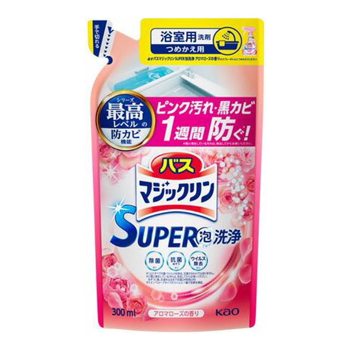 【送料込・まとめ買い×24個セット】花王 バスマジックリン SUPER泡洗浄 アロマローズの香り つめかえ用 300mL