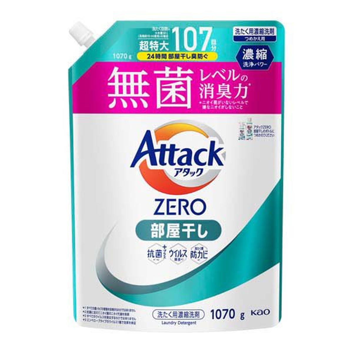 【送料込・まとめ買い×6個セット】花王 アタックZERO 部屋干し つめかえ用 超特大 1070g 衣類用洗剤 せんたく用濃縮洗剤