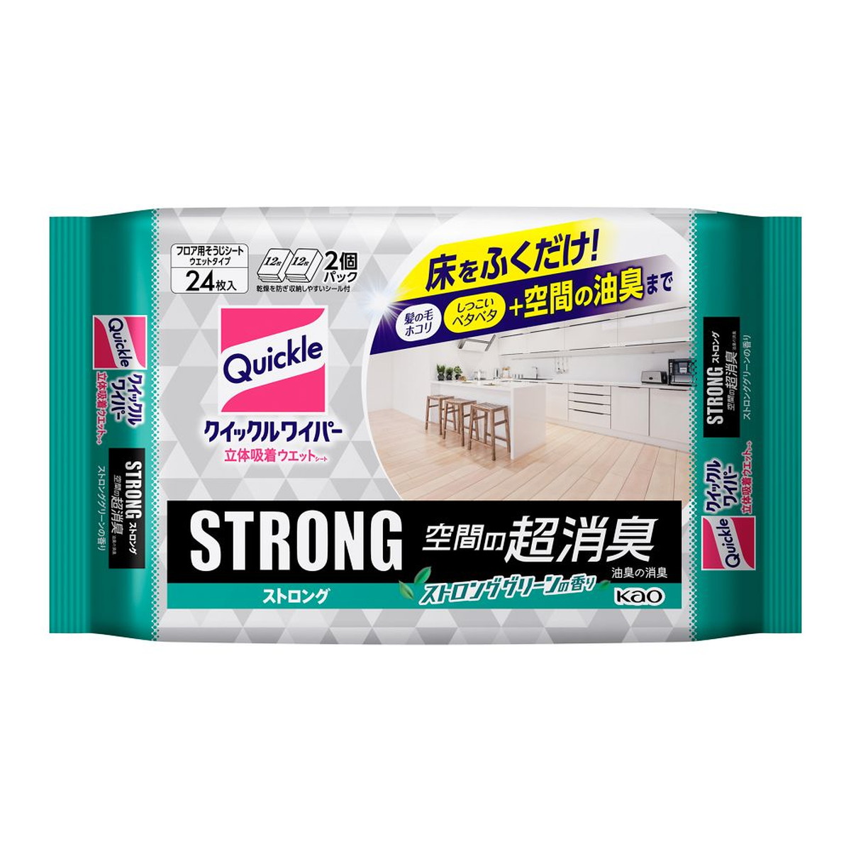【送料込・まとめ買い×10個セット】花王 クイックルワイパー 立体吸着ウエットシート ストロング 空間の超消臭 24枚入 フロア用そうじシート ウエットタイプ