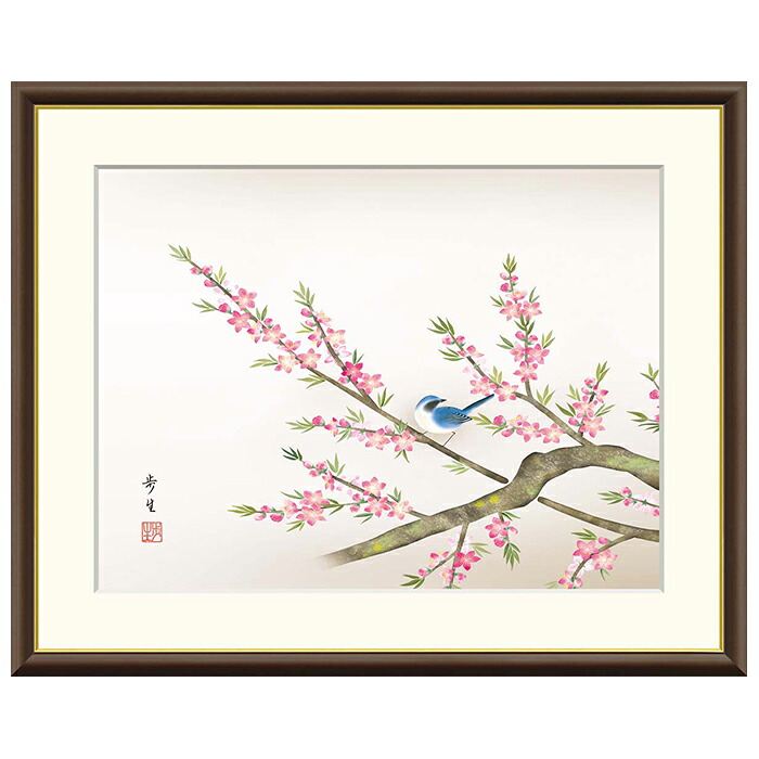 額絵 桃花に鳥類 北山歩生 61x49.5糎 三幸 インテリア・寝具・収納-アートパネル・アートボード-壁紙・装飾フィルム