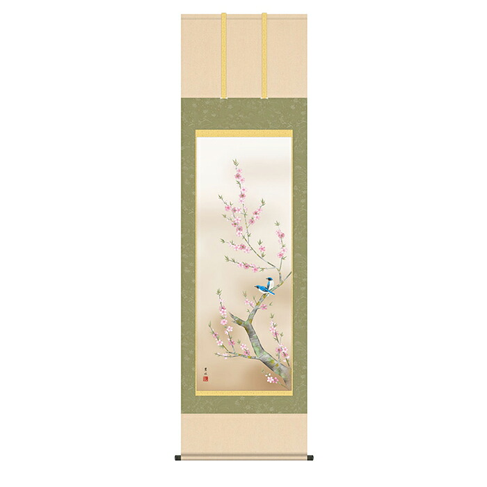 掛け軸 桃花に小鳥 緒方葉水 54.5x190cm 三幸|A-Tal Interior