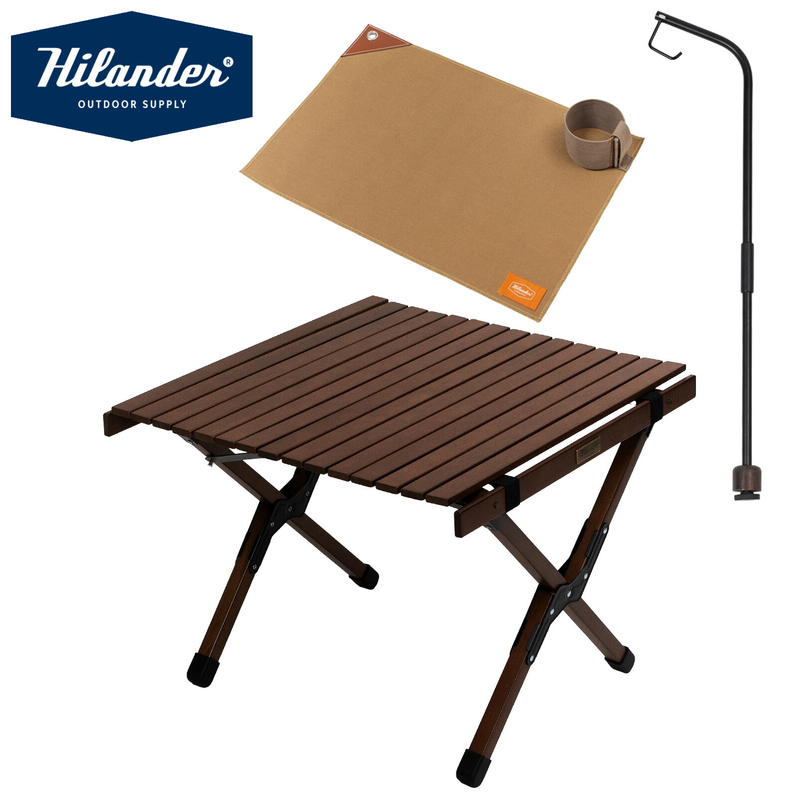 Hilander(ハイランダー) 【お得な仕掛ける】ウッドロールトップテーブルEX60+専用提燈照明ランプ+夕御飯引っ敷き 全2色 チェア・テーブル・レジャーシート-アウトドア