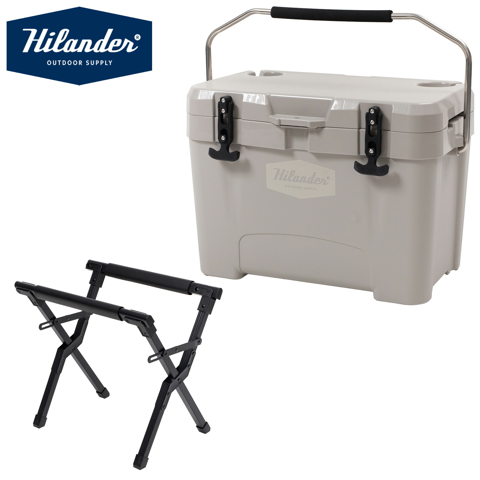 Hilander(ハイランダー) 【お得なセット】アルミクーラースタンド+ハイランドクーラーボックス 25L 25L グレージュ HCS-015+HCT-081|アット防災