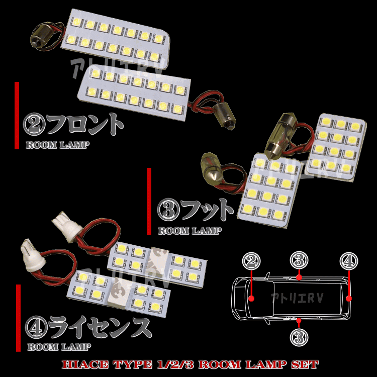 LEDルームランプセット200系トヨタハイエースレジアスエースHIACE標準/ワイドボディ1型/2型/3型スーパーGL用KDH/TRH系7点setSMD190発ホワイト