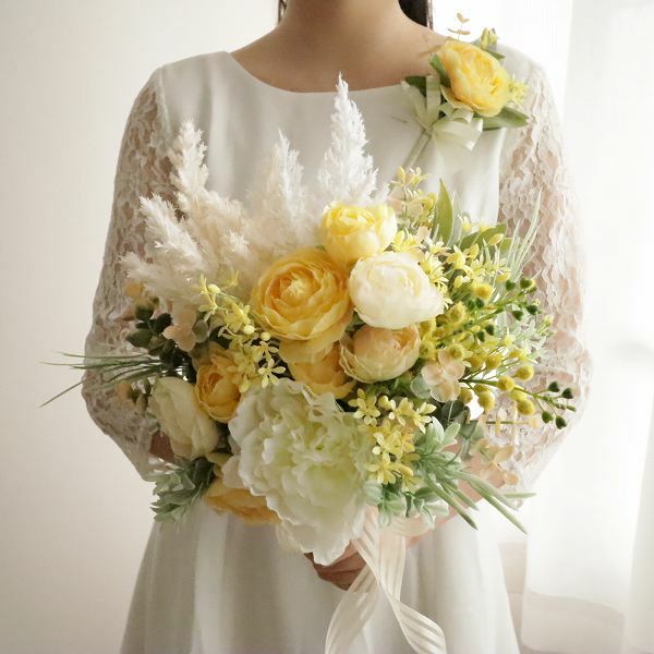 2年保証 ラナンとミモザのホワイトイエローブーケ 前撮り フォトウェディング Fucoa Cl