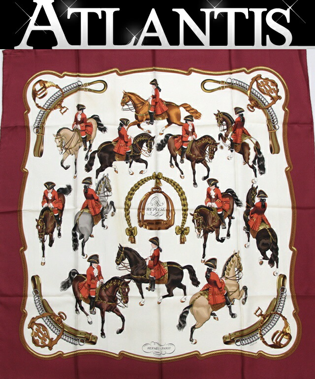 エルメス カレ90 REPRISE 乗馬と楽器の大判スカーフ 少々ヨゴレあり