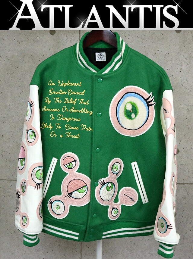 SAINT MICHAEL 銀座店 仙マイケル×村上隆 マルチ紋章 赤ちょうちんシティ 上衣 スタジャン メンズ size:M 緑 103106