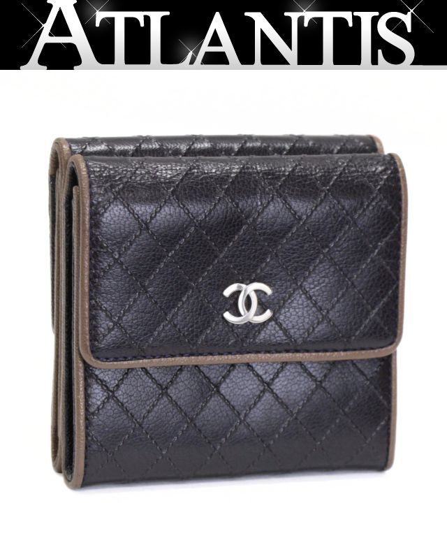 シャネル CHANEL マトラッセ W引っ掛かり 三つ折り紙入れ なめし革 米国海軍×ベージュ 12番台 【74832】