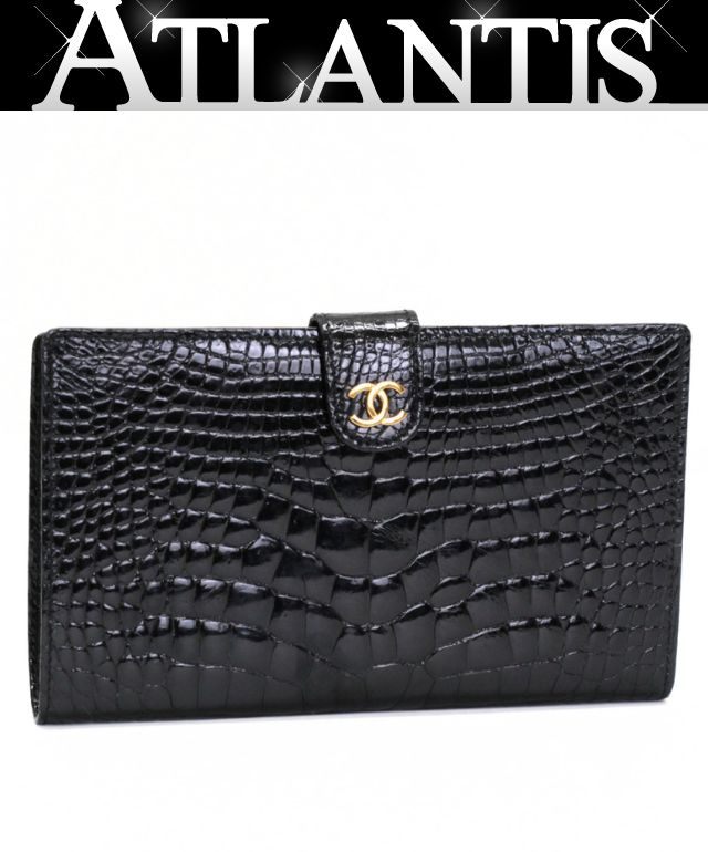 シャネル CHANEL リアルクロコ ココマーク がま口 二つ折り財布 クロコダイル 黒 G金具 4番台 【74831】|アトランティス