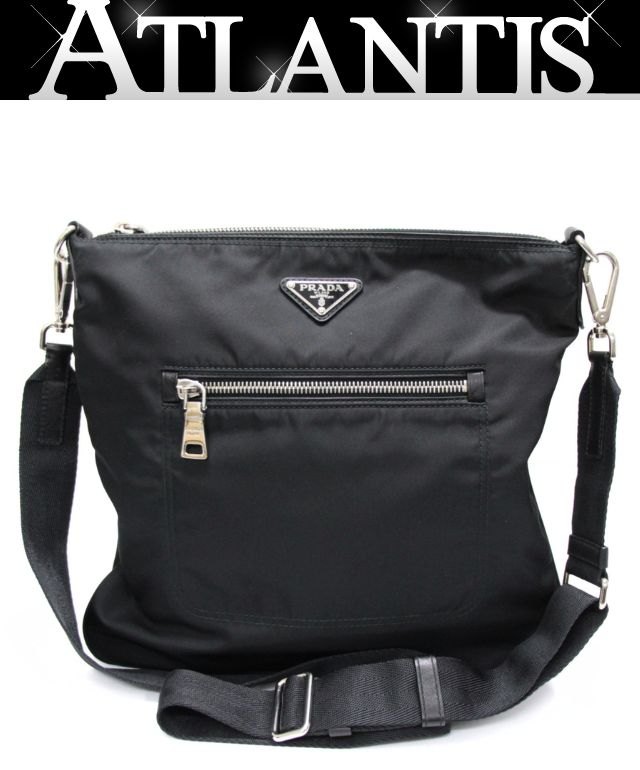 プラダ PRADA ３角形ロゴタイプ ショルダーバッグ 外隠し マチ皆無 ナイロン 黒 【74608】