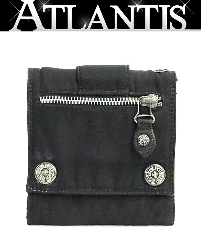 【広尾店】 クロムハーツ CHROME HEARTS ラージ 3フォールド ナイロン ウォレット 札入れ メンズ ナイロン×なめし革 SV925 黒 【19261】