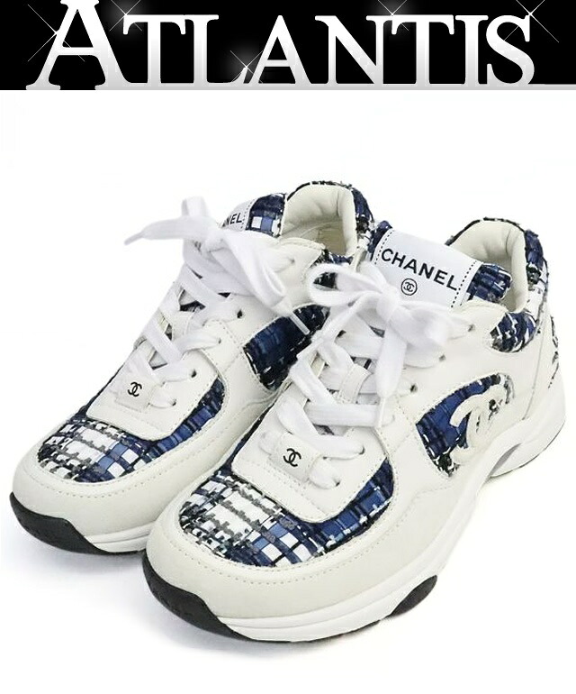 【広尾店】 美品 シャネル CHANEL ココマーク ツイードスニーカー 白&times;青 W G38299 size37(約24cm) 【19254】｜アトランティス