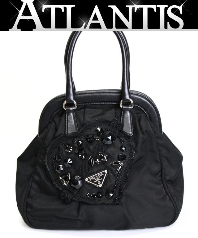 美品 PRADA プラダ ３角形ロゴタイプ ビジューハート ミニハンドバック ナイロン 黒 【74972】