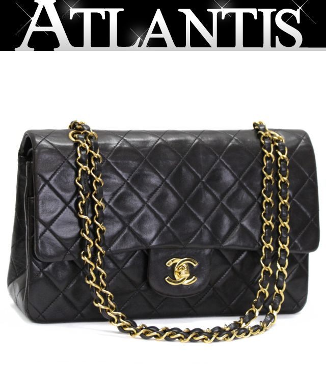 シャネル CHANEL マトラッセ25 ダブルフラップ チェーンショルダーバッグ ラム 黒 G金具 3番台 【75011】|アトランティス
