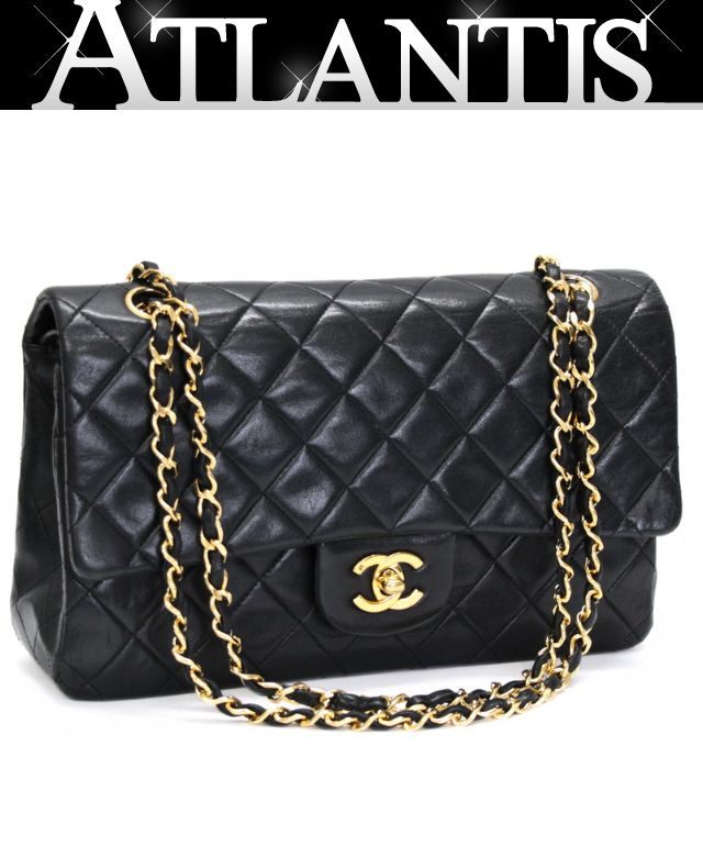 シャネル CHANEL マトラッセ25 ダブルフラップ チェーンショルダーバッグ ラム 黒 G金具 1番台 【75010】|アトランティス