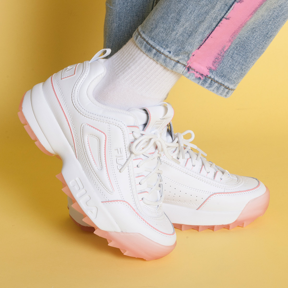 fila disruptor ii trainers in white with ice pink sole