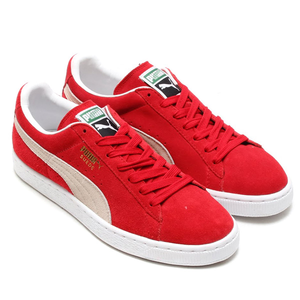 red and white puma suede