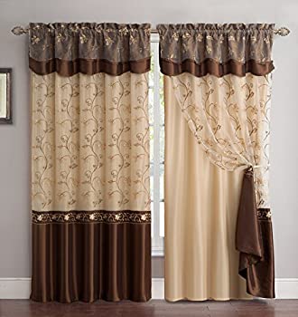 【中古】【輸入品・未使用】(Brown) - Fancy Collection Embroidery Curtain Set 1 Panel Drapes with Backing & Valance (brown)
