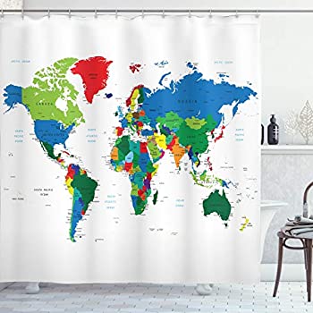 【中古】【輸入品・未使用】Ambesonne 世界地図シャワーカーテン カラフルな政治地図 国と文化の境界線 布生地 バスルーム装飾セット フック付き 長さ70インチ グリーンブル