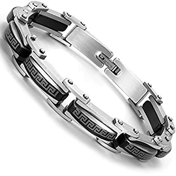 【中古】【輸入品・未使用】インダストリアルギリシャパターン316Lステンレススチールリンクカフブレスレット メンズ (ブラック、シルバー)