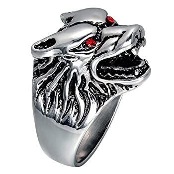 【中古】【輸入品・未使用】jajafookメンズステンレススチールリングレトロ自転車選手WolvesヘッドレッドCrystal Eyesブラックシルバー
