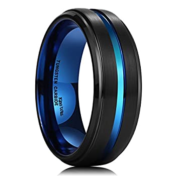 【中古】【39shop】【輸入品・未使用】King★Willメンズ8?mmブラックブラッシュ仕上げ炭化タングステンリングブルーシンBeveledステップエッジウェディングバンド(新古品)|アトリエ絵利奈