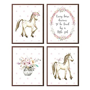 【中古】【輸入品・未使用】Horse Wall Art Every Horse Deserve to Be A Little Girl ピンクの花 ポニー(4枚セット)