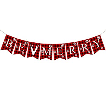 【中古】【輸入品・未使用】格子縞 Be Merry バナー コットン 黄麻布 クリスマス 素朴 旗 バナー クリスマス吊り下げ装飾