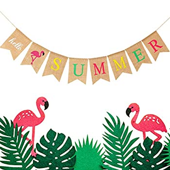【中古】【輸入品・未使用】Hello Summer 黄麻布バナー 素朴な夏のバナー フラミンゴ柄 サマーガーランドフラッグ プールパーティー ビーチパーティー バーベキューパーティ