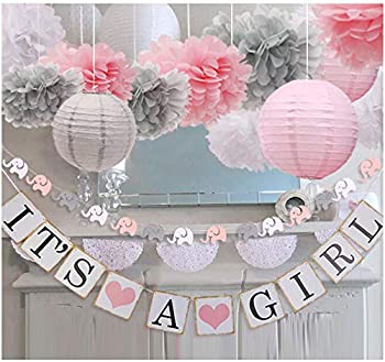 【中古】【輸入品・未使用】baby girl baby shower decorations It is a Girl Banners and Paper Lantern Paper Flower Pom Poms (Pink White Grey)