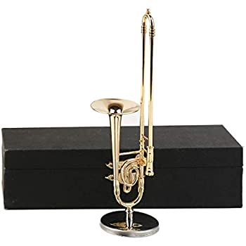 【中古】【輸入品・未使用】Seawoo 銅製ミニチュアトロンボーン スタンドとケース付き ミニ楽器 ミニチュアドールハウス モデル ミニトロンボーン ホームデコレーション 5.9