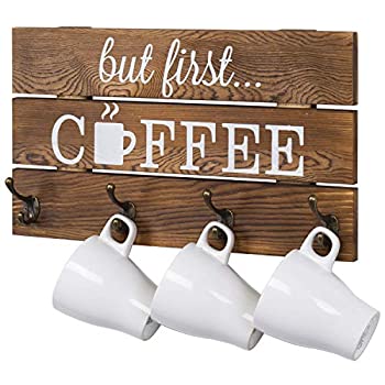 【中古】【輸入品・未使用】MyGift 8フック 素朴なダークブラウン木製But First Coffee サインとマグホルダー