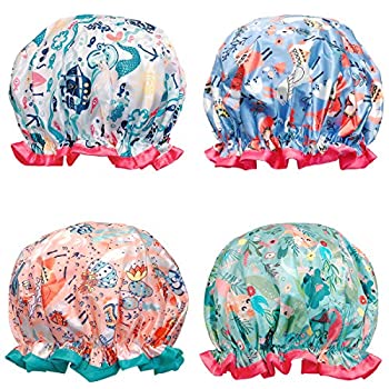 【中古】【輸入品・未使用】Wrapables スタイリッシュな二層防水シャワーキャップ (4個セット) ラマ&オーシャンファン