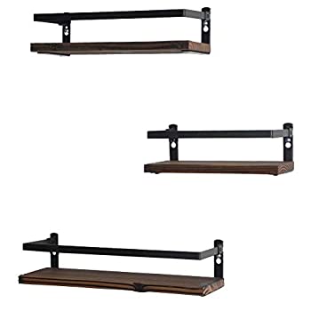 【中古】【輸入品・未使用】PHUNAYA フローティングシェルフ 素朴な木製壁マウントシェルフ 実用的なメタルフェンスデザイン ? 寝室、浴室、キッチンに最適 3個セット