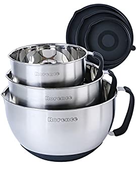 【中古】【輸入品・未使用】(Black) - Rorence Stainless Steel Non-Slip Mixing Bowls With Pour Spout Handle and Lid Set of 3 Black
