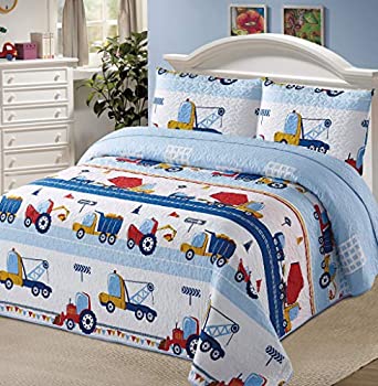 【中古】【輸入品・未使用】Better Home Style ホワイト ブルー レッド 建設現場 子供/男の子/幼児用ベッドカバー キルトセット 枕カバーとトラクター ダンプトラック セメ