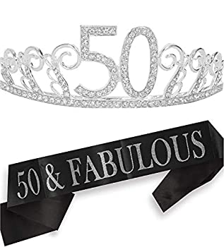 【中古】【39shop】【輸入品・未使用】(Tiara+Sash)★- 50th Birthday Tiara and Sash HAPPY 50th Birthday Party Supplies 50 & Fabulous Black Glitter Satin Sash and Crystal Tiara(新古品)|アトリエ絵利奈