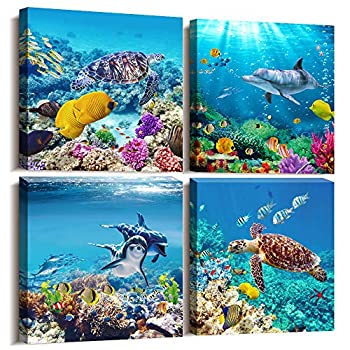 【中古】【輸入品・未使用】キャンバスウォールアート リビングルーム用 ファミリーベッドルーム キャンバス絵画アートワーク バスルーム壁装飾 4パネル コーラルと海と魚と