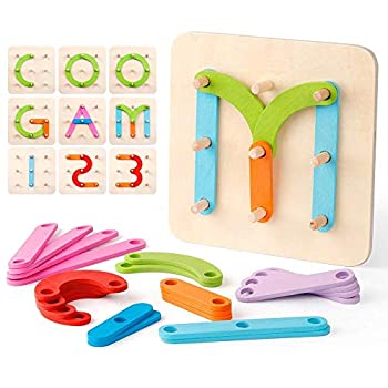 【中古】【輸入品・未使用】Coogam 木製文字番号組み立てパズル 教育的 積み木 おもちゃセット 形の色分け用ペグボード アクティビティボード ソートゲーム 子供 幼児 ギフ