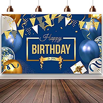 【中古】【輸入品・未使用】Enjoyfun Happy Birthday デコレーションバナー ラージ ネイビーブルーとゴールド バルーン背景テーマポスター 子供 男性 女性 誕生日のお祝い